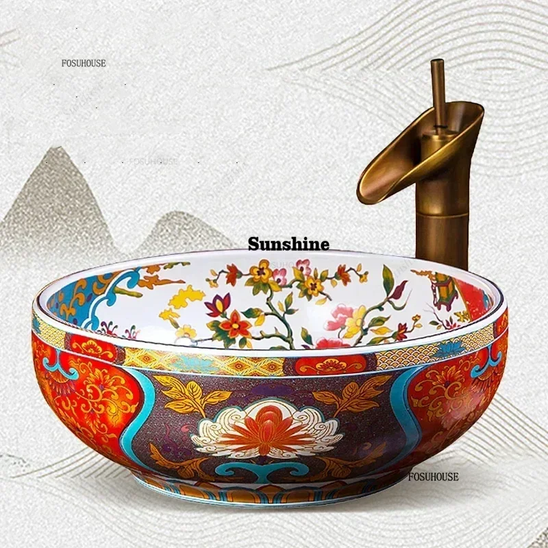 European Ceramic Wash Basin Luxury Art Bathroom Sinks Retro Home Round Single Basin Balcony Toilet Creative Hand Painted Basin L