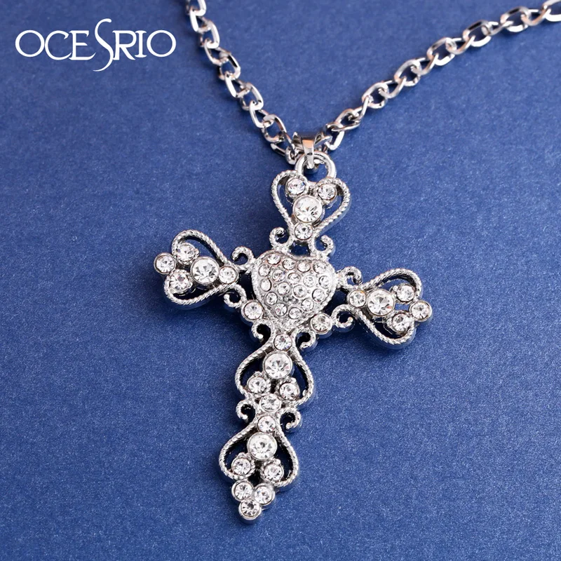 OCESRIO-collar con colgante de Cruz de Color plateado para mujer, cadena larga, joyería de cristal, Hip Hop, Jesús, nke-k05