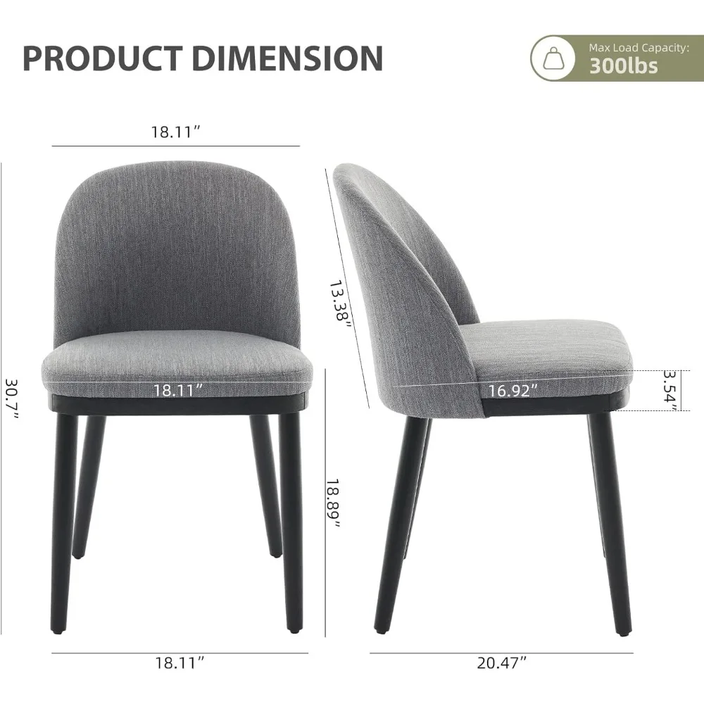 مجموعة كراسي تناول الطعام مكونة من قطعتين، كراسي جانبية للمطبخ منجدة من القماش الحديث مع مسند ظهر منحني وأرجل خشبية، كرسي طعام بدون ذراع
