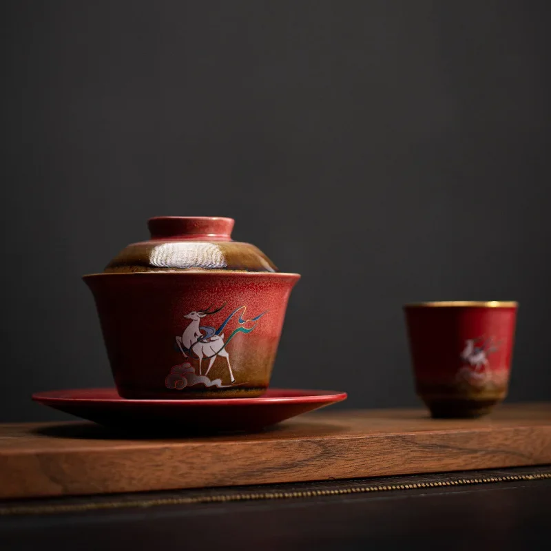 Covered Tea Bowl Sancai Covered Bowl Tea Cup Large Ceramic Chinese Style Retro Dragon Palace Emperor Eight Treasure Tea Bowl