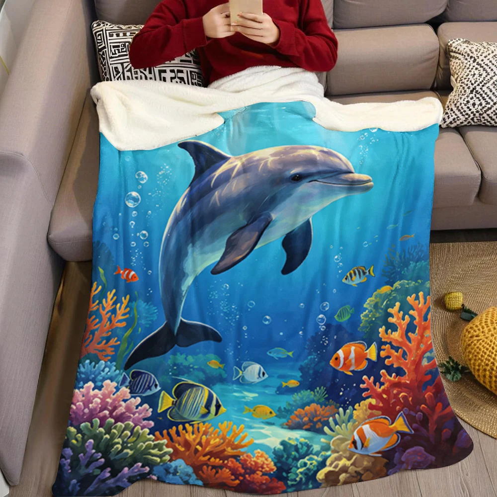 Cute Dolphin Ocean Flannel Blanket Warm Soft Halloween Christmas All-Season Couch Decorative Cozy Warm Gift