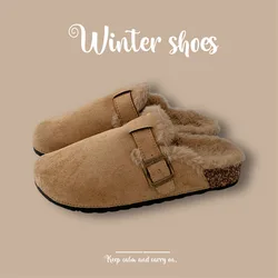 2025 Cork Plush Slippers Women Autumn Winter Warm Woolly Indoor Outdoor Non-Slip Cotton Snow Slippers