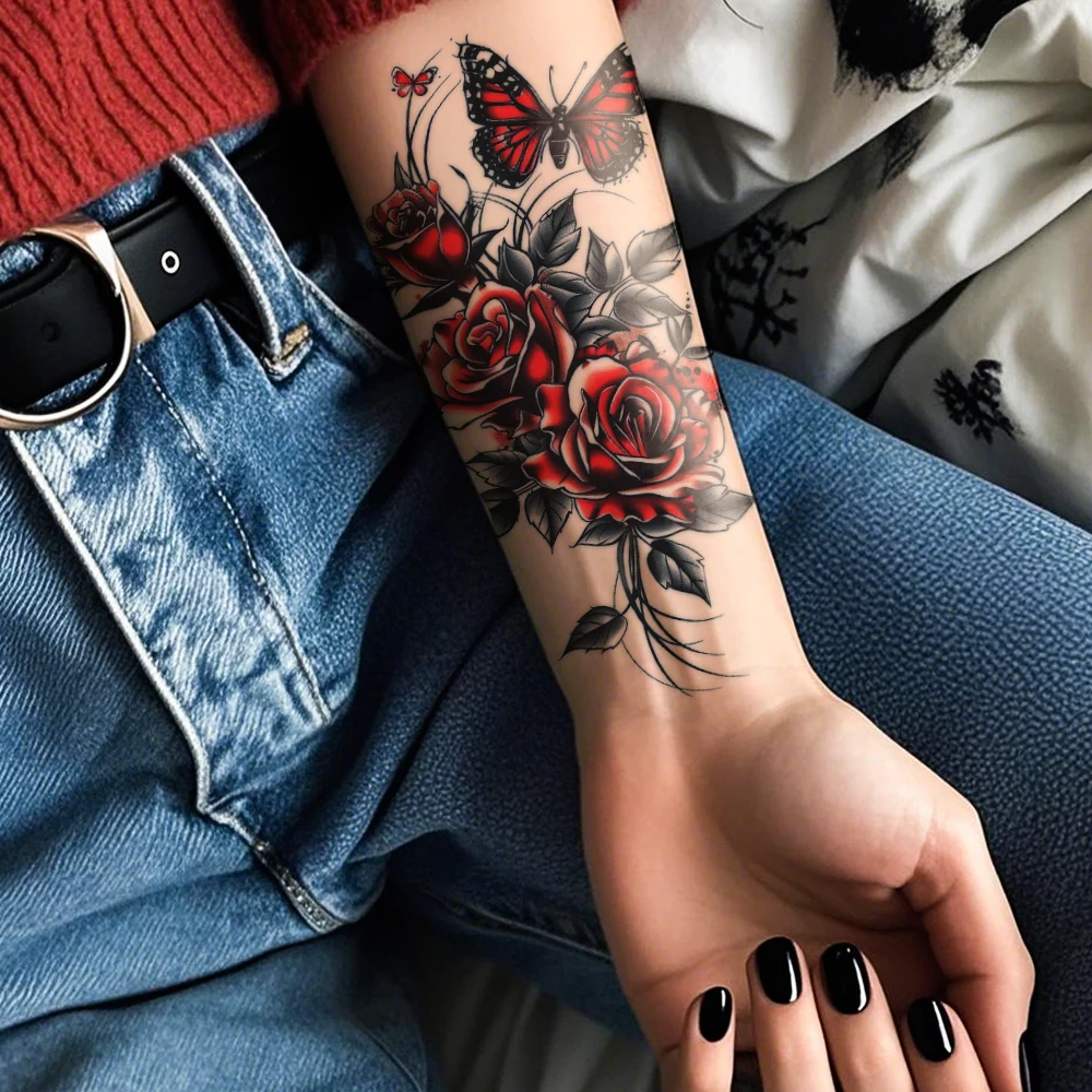 4pcs Waterproof Temporary Tattoo Sticker Dark Style Butterfly Red Rose Flowers Leaves Body Art Arm Fake Tattoos Sleeve Women Men