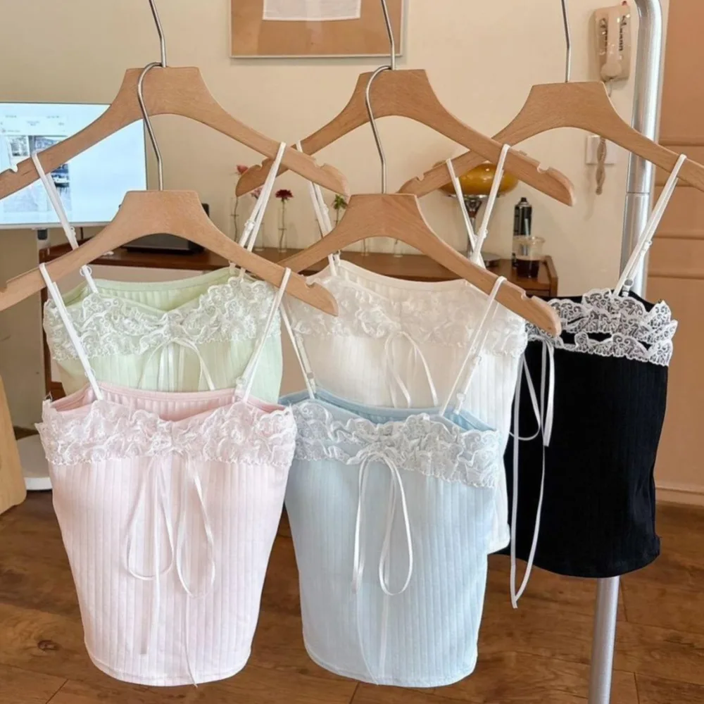 Lace Bow Ropa Mujer Sweet Teenage Girls Tops 2026 Summer New Women's Tanks Hit Color All-match Top Elastic Bottomed Clothes