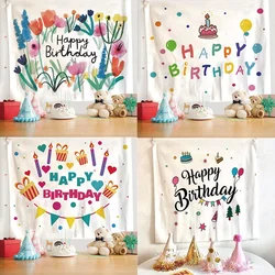 Happy Birthday Tapestry Cute Children Flower Print Fabric Background Wall Hanging Home Bedroom Living Room