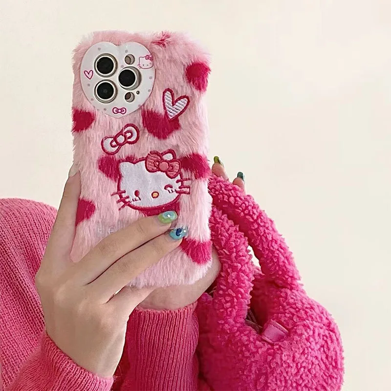 

Плюшевый милый мультяшный чехол Hello Kitty Sanrio для Iphone, плюшевые любимые Чехлы для телефона, аниме плюшевые игрушки для девочек, подарок на день рождения