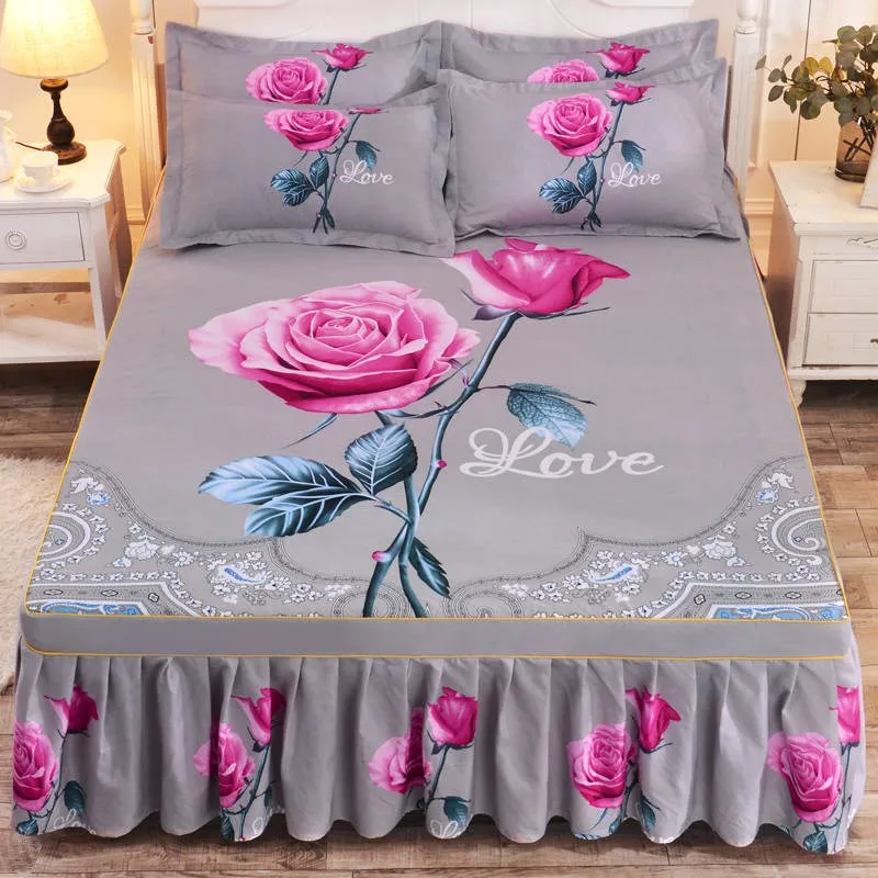 

3pcs Set Bed Skirt Thickened Sanding Bedspread Wedding Fitted Sheet Cover Soft Non-Slip King Queen Size Bed Skirt