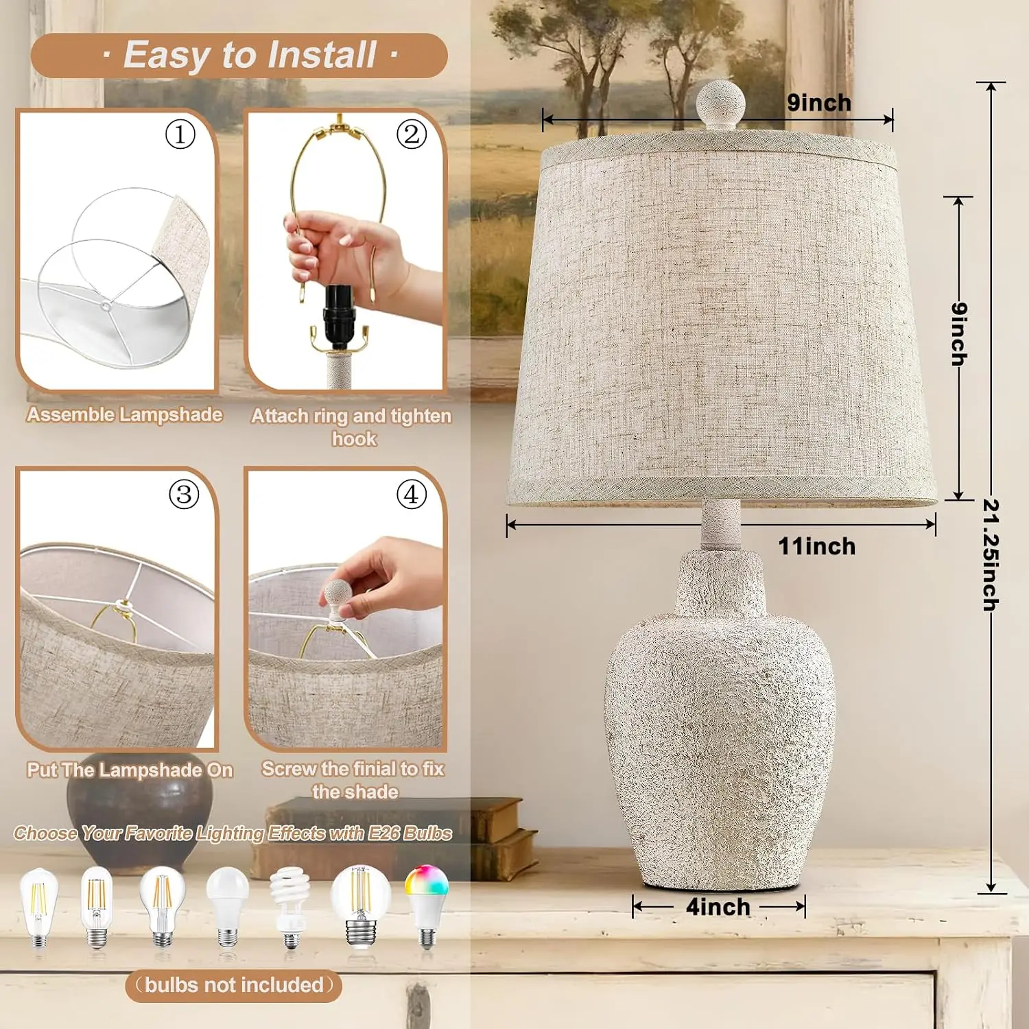 Set of 2 Farmhouse Table Lamps, 21" Rustic Jar-Shaped Bedside Lamps with Beige Linen Shade for Living Room, Bedroom, Nightstand view 2