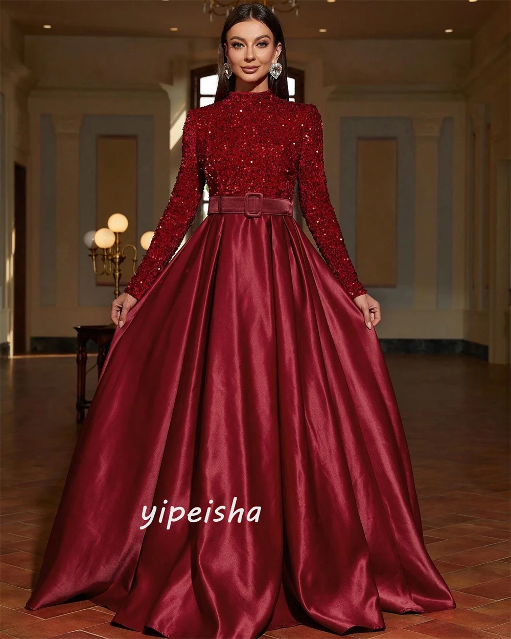 Satin Sequined Draped Cocktail Party A-line High Collar Bespoke Occasion Gown Long Dresses