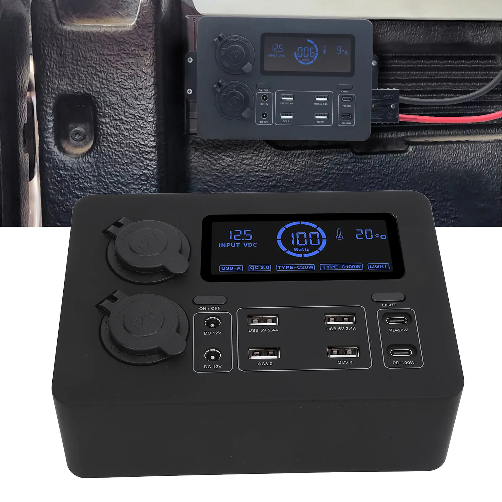 

12V RV Mini Power Box 100W LCD Display USB C QC3.0 Port for 4 Anderson Outlet Multifunctional for Boat RV Car