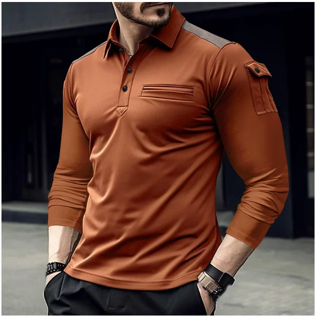 

Spring and Autumn New Men's Tactic Lapel Multiple pockets Comfortable Casual Sports Polo Solid color Long sleeve Breathable Top