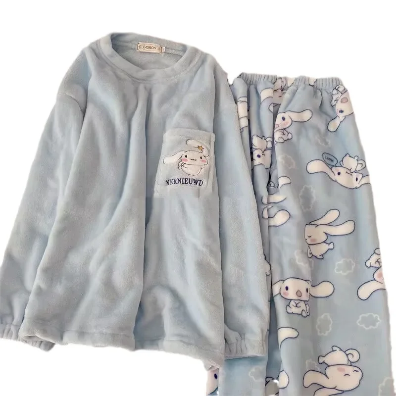 Sanrio Anime Cinnamoroll Pajamas Kawaii Kuromi My Melody Flannel Pullover Coral Velvet Winter Warm Pajamas Homewear Girl Gifts