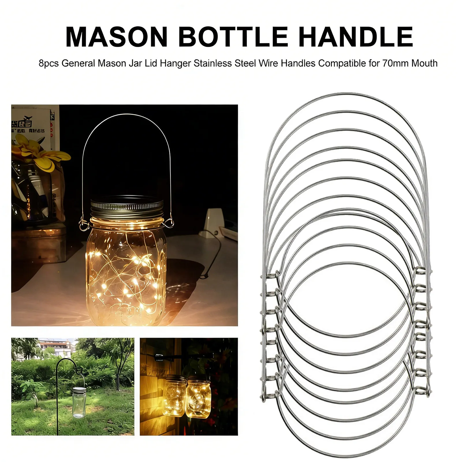 8Pcs Stainless Steel Mason Jar Lid Wire Handles Compatible with 70Mm Mouth Easy Install Wire Handle for Mason Jars Home
