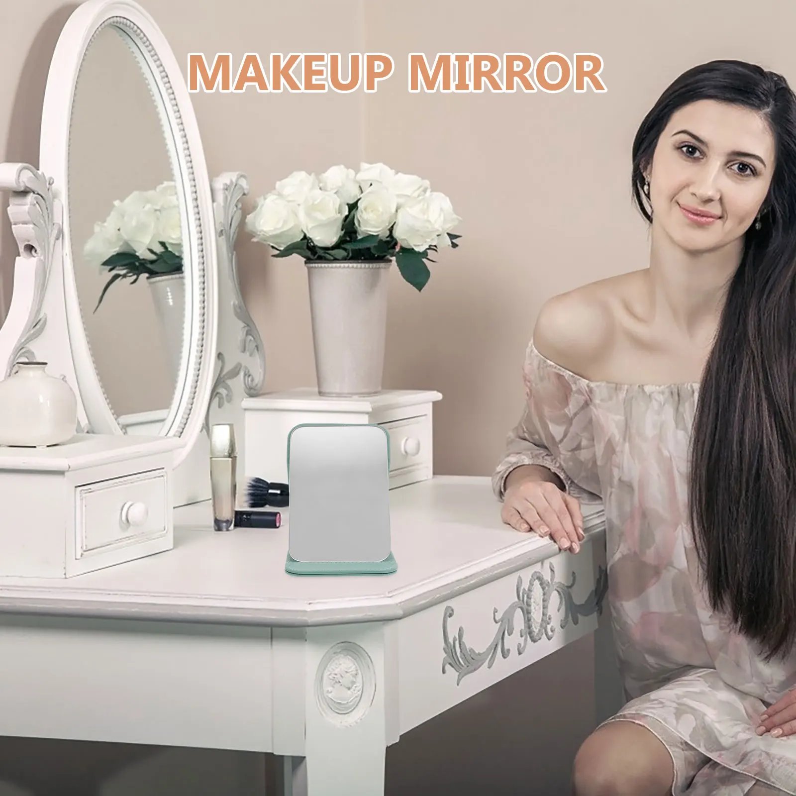 Portable Makeup Mirror Blue Green Folding Desktop Vanity Mirror Rectangular Compact Stand Ideal Travel Office Dorm Bathroom High