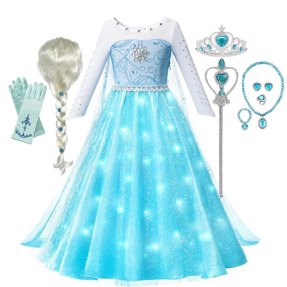 Elsa Snow Queen Princess Girls LED Light Up Dress Halloween Carnival Clothing Party Kids Cosplay Children Costume