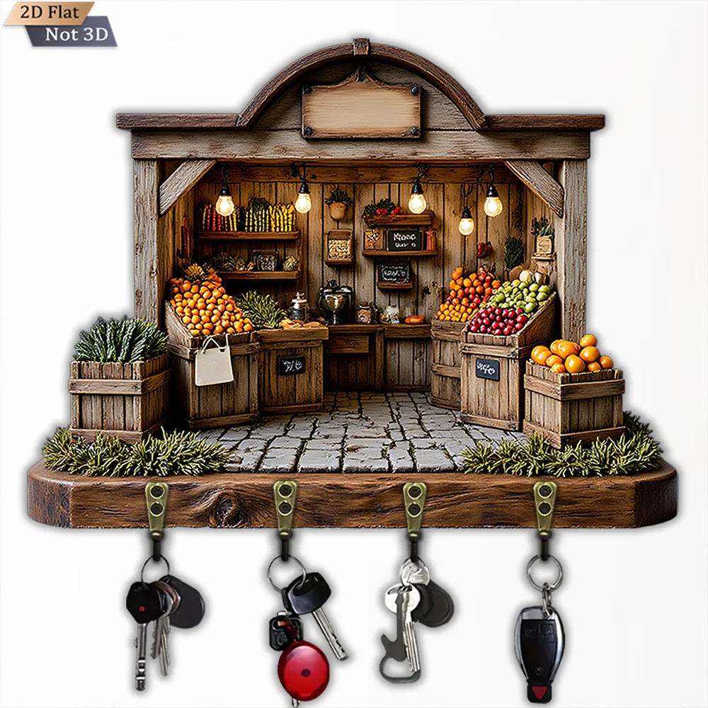 2D Flat, 1pc, Retro Wooden Key Hook, Wooden Multifunctional Home & House Key Hook, with Four Metal Hooks, Wall Decor, Porch