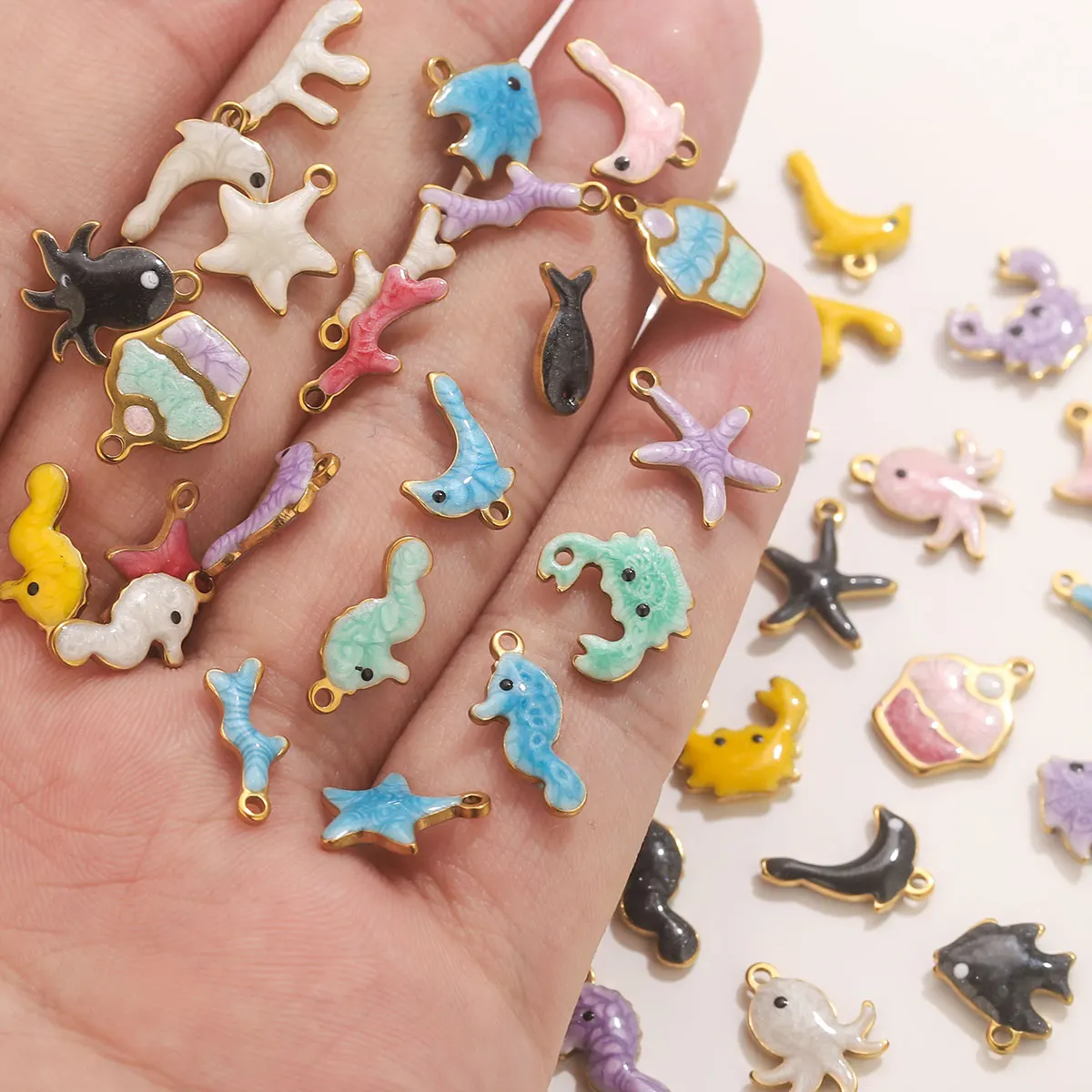 20pcs Stainless Steel Marine Crab Starfish Fish Colorful Charm Necklace Earrings Pendant Base for DIY Jewelry Making Accessories view 6