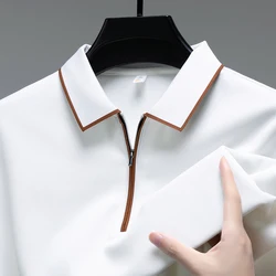 Light luxury brand long sleeved men's polo shirt autumn fashion flip collar half zipper design boutique top silk casual T-shirt
