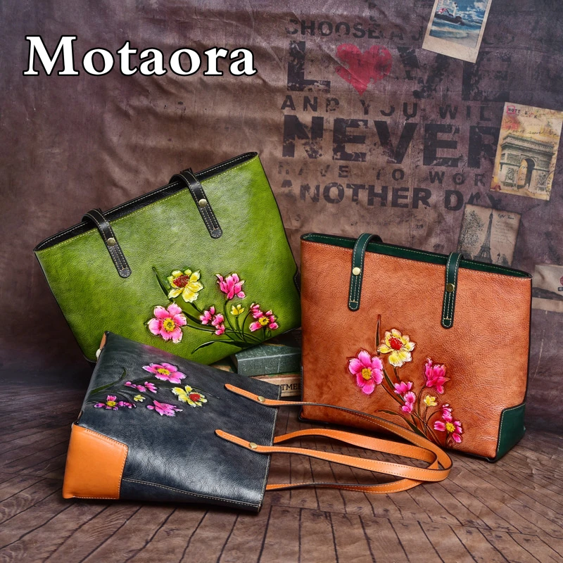 Motaora Large Capacity Genuine Leather Handbags For Women Vintage Handmade Casual Tote Bag Woman Embossed Handbag Shoulder Bags