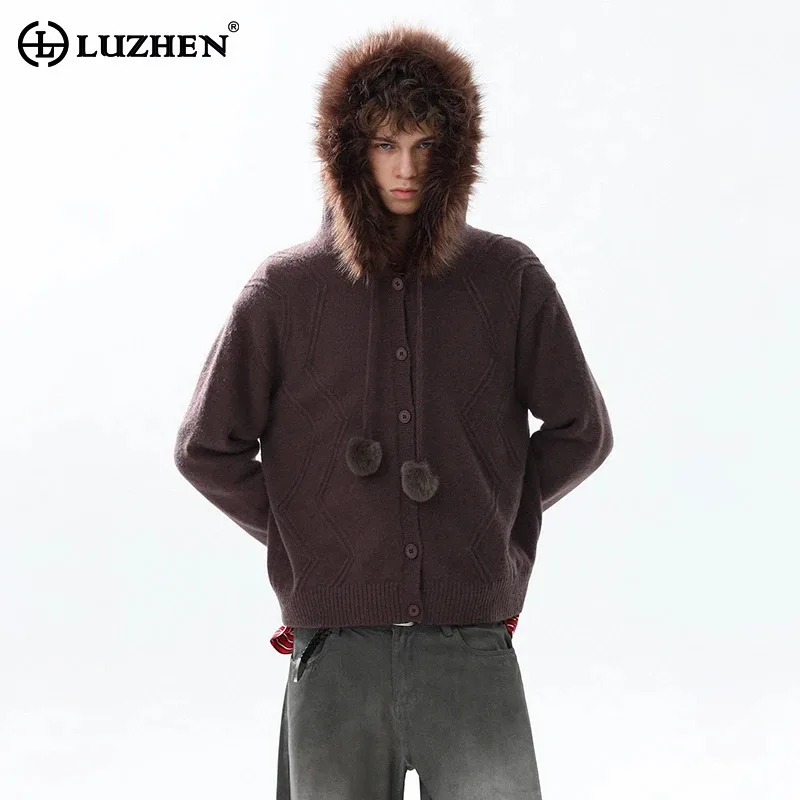 

LUZHEN 2025 Winter Original High Quality Fur Hooded Drawstring Decorate Knitted Cardigan Men's Solid Color Casual Sweater JY4996