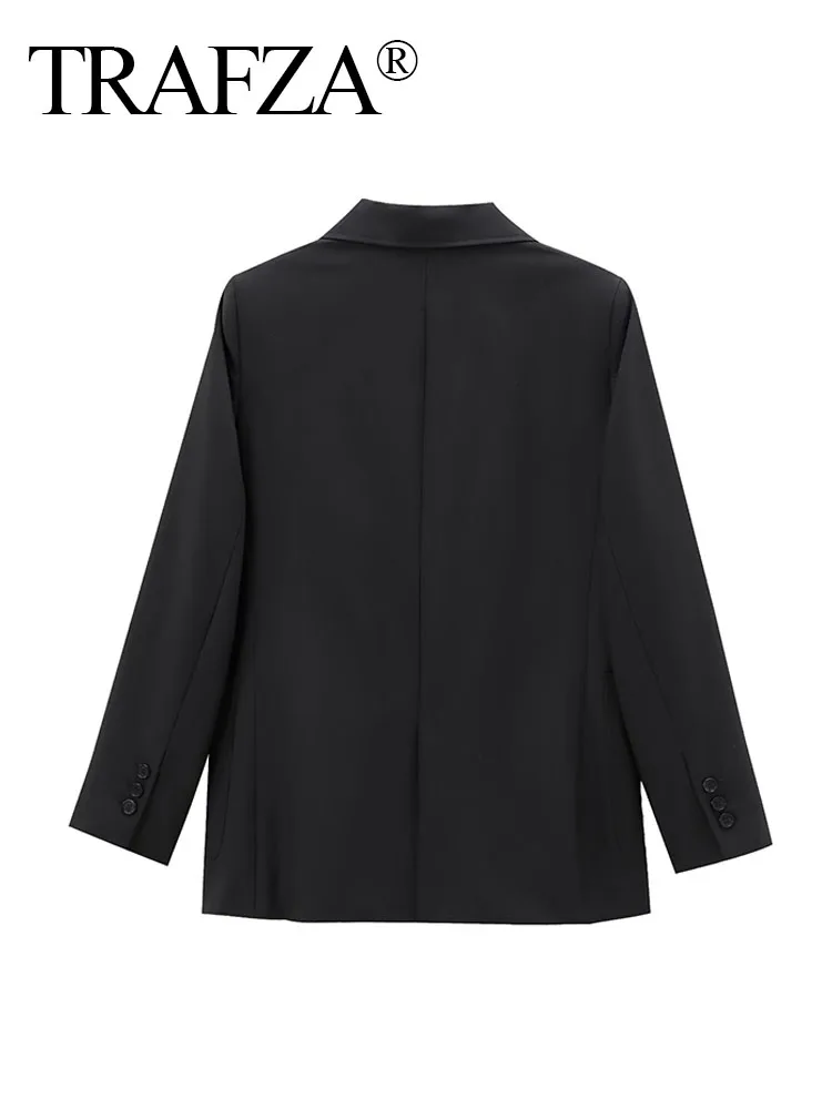 TRAFZA Autumn Blazer Woman 2024 Trendy Black Turn-Down Collar Long Sleeves Pocket Single Breasted Female Casual Coat Office Lady