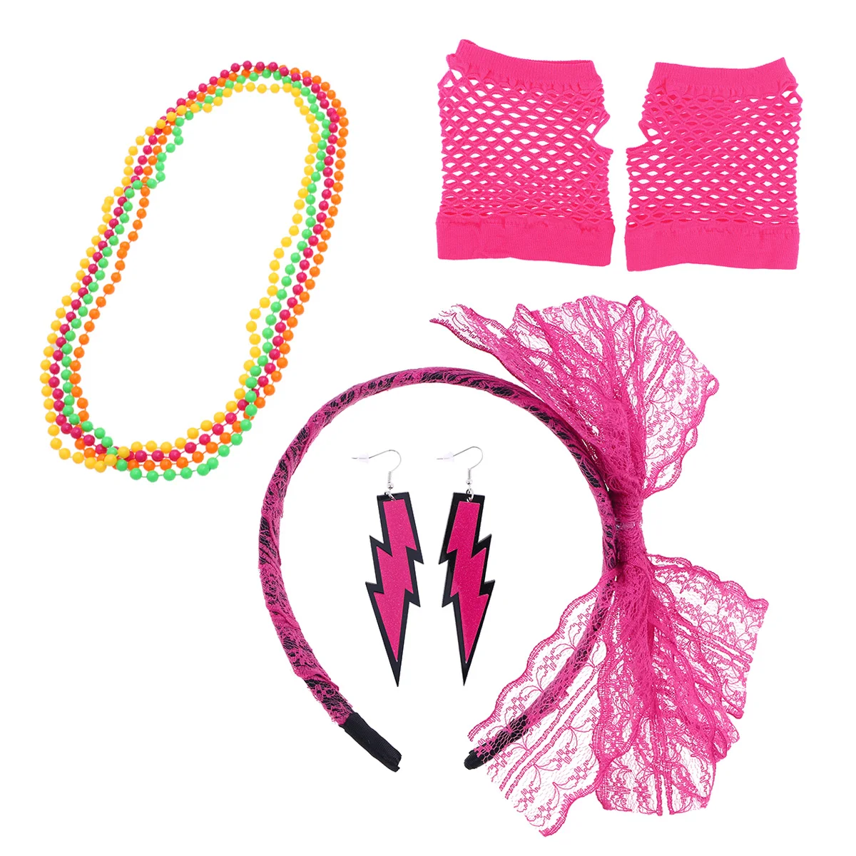Ensemble d'accessoires de Costume des années 80, bandeau en dentelle, boucles d'oreilles néon, gants en résille sans doigts, collier pour Halloween gothique rétro rose