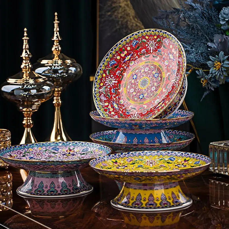 Enamel color Chinese bone china household high-footed fruit plate ceramic extra large