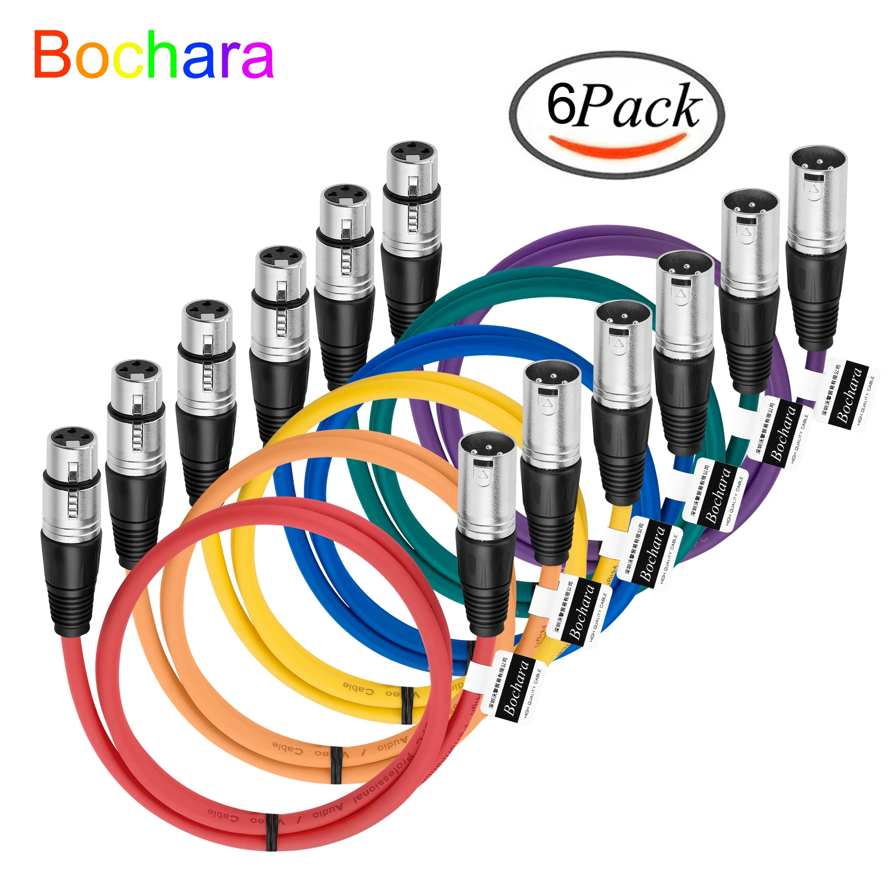 Bochara Colourful XLR Extension Cable Male to Female OFC Copper Dual Shielded For Mic Mixer Amplifier Stage light 6pcs Pack