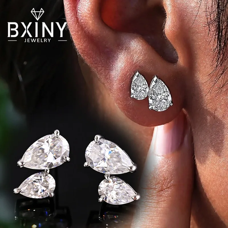 

Серьги-гвоздики BXINY с двумя муассанитами в форме груши, серебро S925, серьги-капли с двумя камнями для женщин, на каждый день, изящные ювелирные украшения, подарки