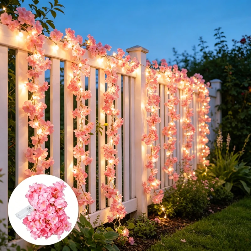 2M 20LED Cherry Blossom String Lights Artificial Flower Vine Garland Fairy Lights Bedroom Wedding Party Holiday Home Decoration