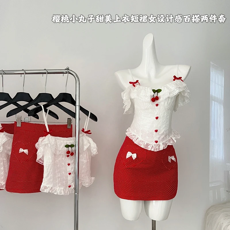 2024 New French Sweet Two-piece Short Crop Sling Tops + Bow A-line Skirts Suits Korean Spicy Girl Sexy Chic Sets