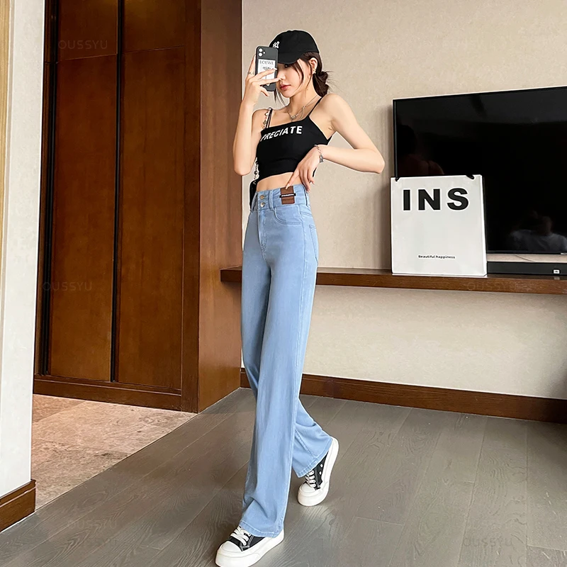 Summer Ultrathin Lyocell Women\'s Jeans High Waist Straight Fashion Pants Streetwear  Casual Female Wide Leg Denim Trouser