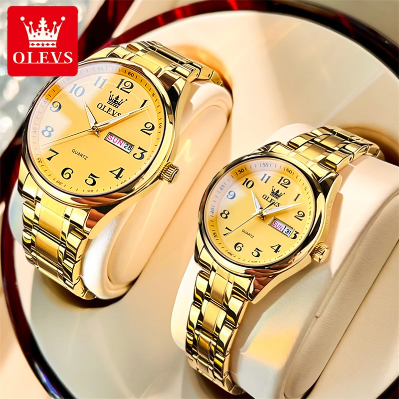 OLEVS 5567 Golden Quartz Couple Watches Paired Men and Women Luxury Brand Digits Dial Calendar Waterproof Lover's Watches Clock