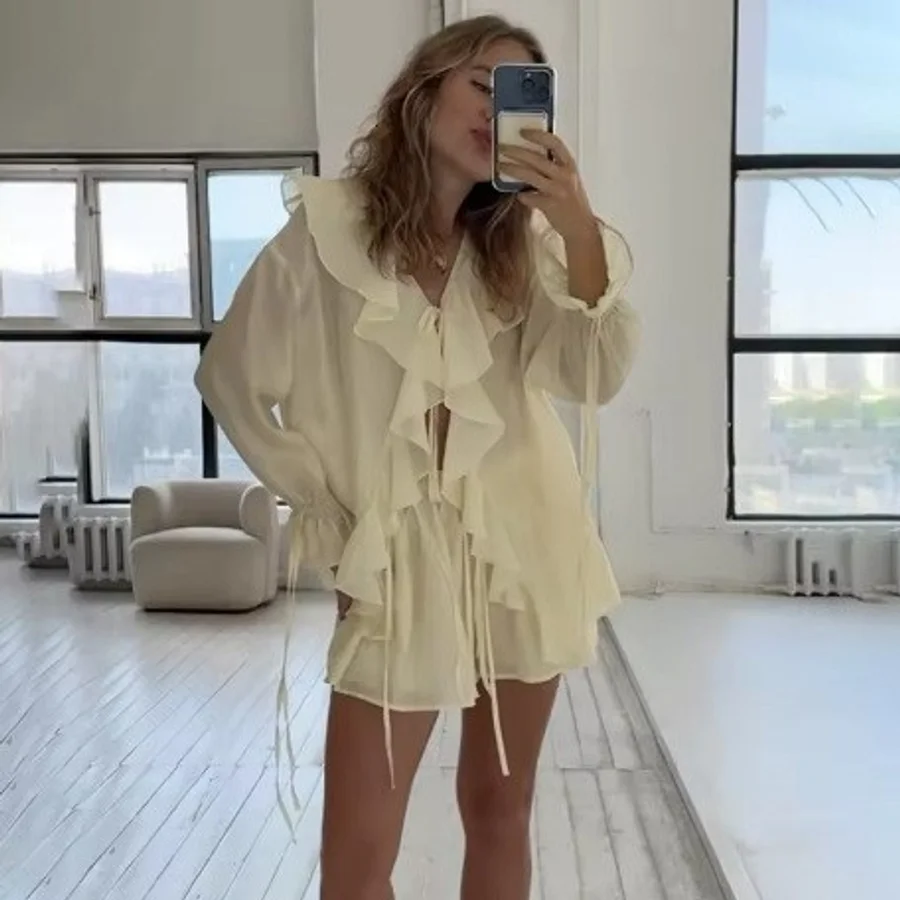 summer-ruffle-loose-blouse-shorts-two-piece-set-fashion-casual-beach-vacation-outfit-for-women-elegant-slimming-resort-wear