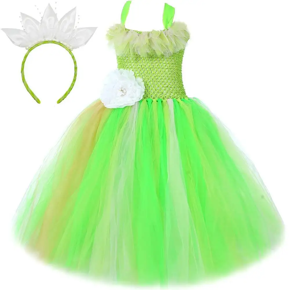 

Green Frog Princess Tianna Costumes Girls Birthday Christmas Long Tutu Dress Outfit with Lotus Hairbow Kids Princess Ball Gown