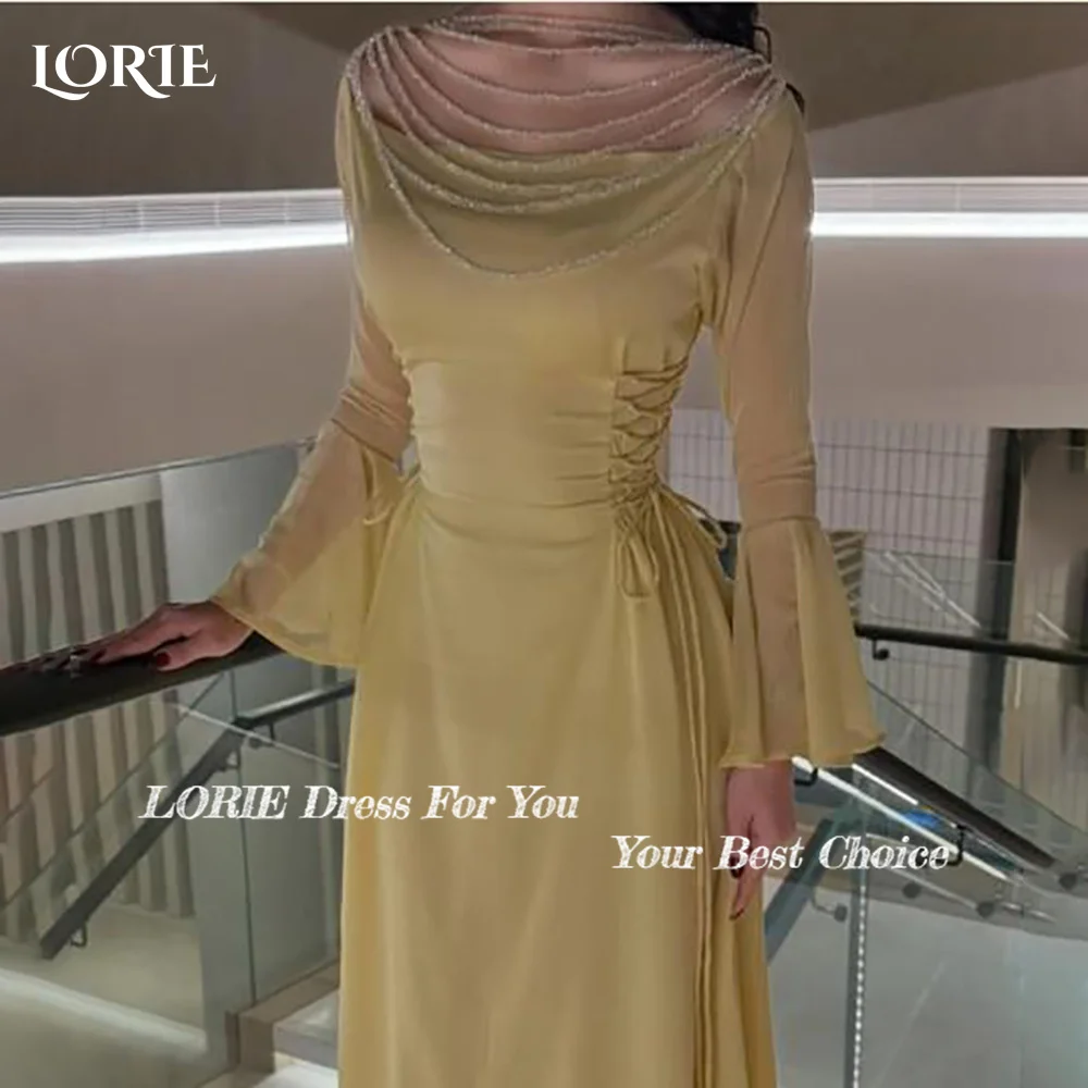 

LORIE Shiny Satin Mermaid Evening Dress Pearls Flared Sleeve A-Line Bobycon Prom Dress Sexy Party Gown Customized Brithday Dress