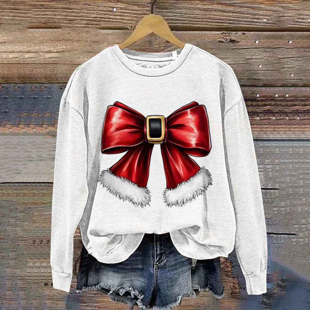 Women\'s Casual Sweatshirt Christmas Bow Print Design Autumn Thin Sweatshirt Girls Christmas Bow Gift Holiday Premium Hoodie