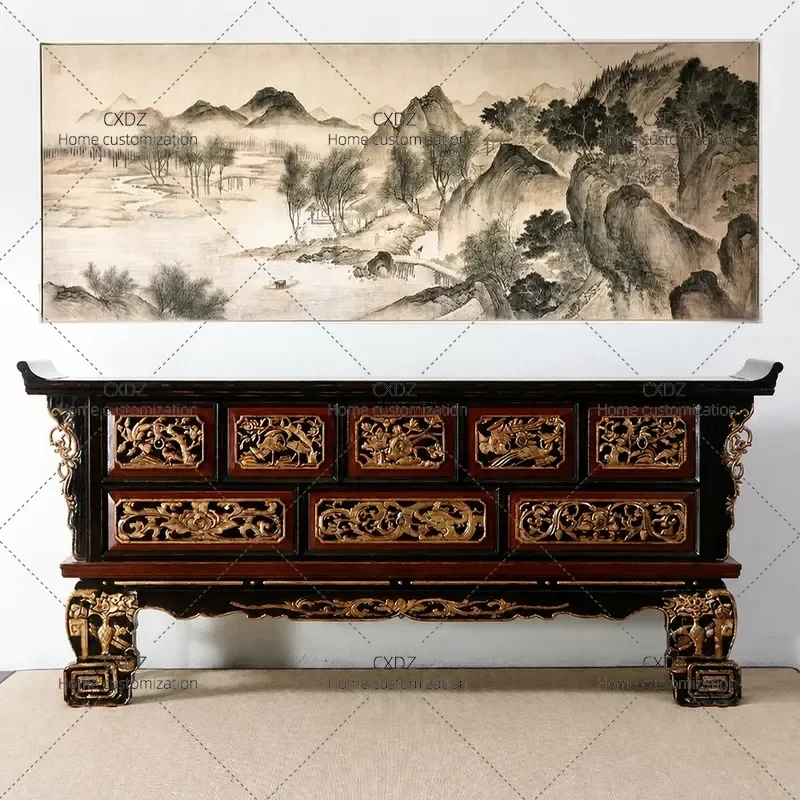New Chinese Style Solid Wood Old Elm Dining Side Cabinet Retro Storage Multi Drawer Console Table Entryway Decorative