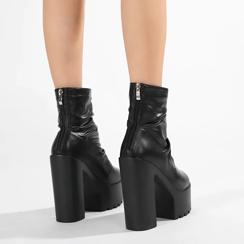 Gdgydh Autumn Platform Ruched Boots High Heels Back Zipper Black Short Boots For Women Increased Waterproof Nightclub Shoes