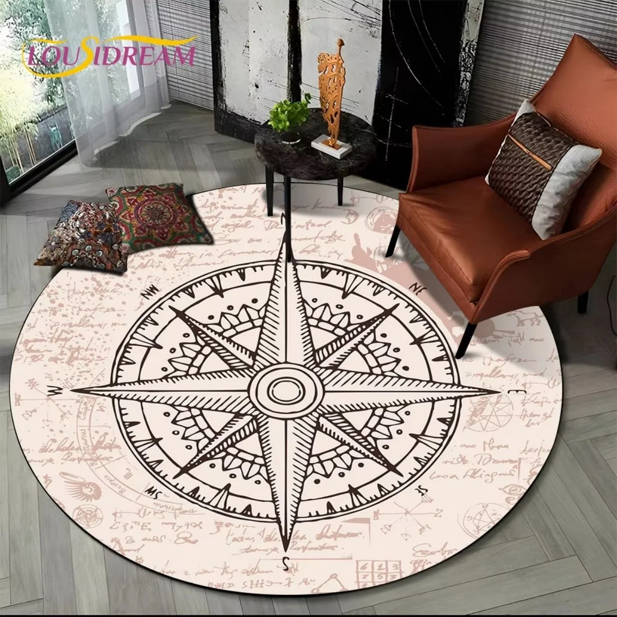 B16LYX Round Area Rug Manuscript Compass Print Carpet Home Decor Rug for Bedroom Living Room Vintage Explorer Floor Accent