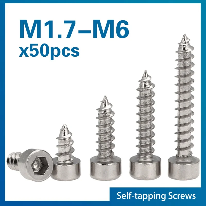 50pcs M1.7 M2 M2.3 M2.6 M3 M3.5 M4 M5 M6 Nickel-Plated Carbon Steel Allen Key Hex Hexagon Socket Cap Head Self Tapping Screw