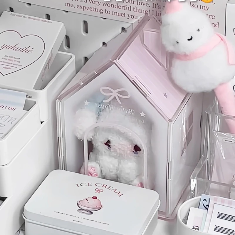 Transparente Acryl Puppenhaus Aufbewahrungsbox Multifun Stifthalter Niedliches rosa Haus Puppenhaus Display Stand Rack Figur Puppe Dekor
