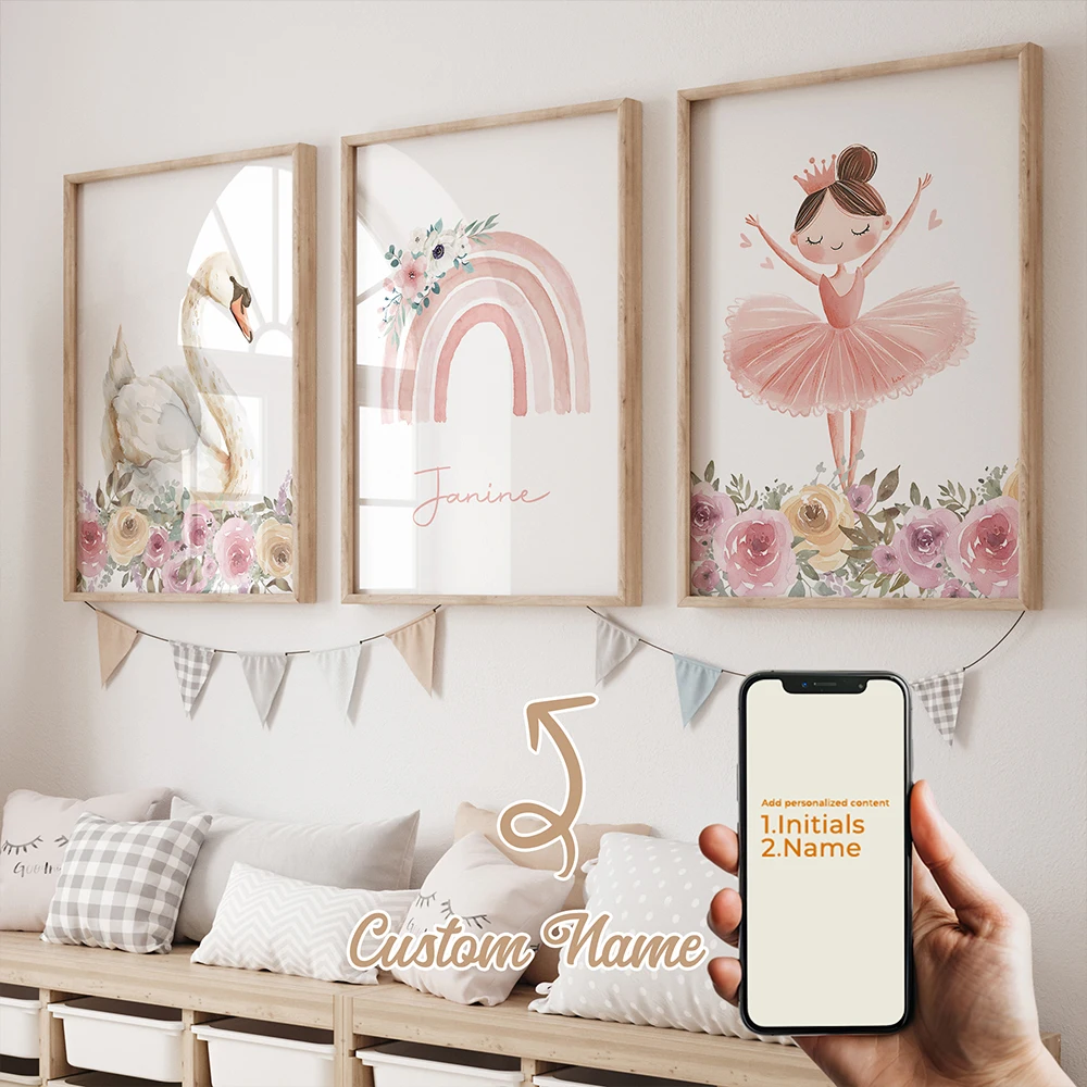 

3pcs Personalized Custom Name Cute Cartoon White Swan Wall Art Print Picture For Living Room Kids Girl Room Home Decor Gift