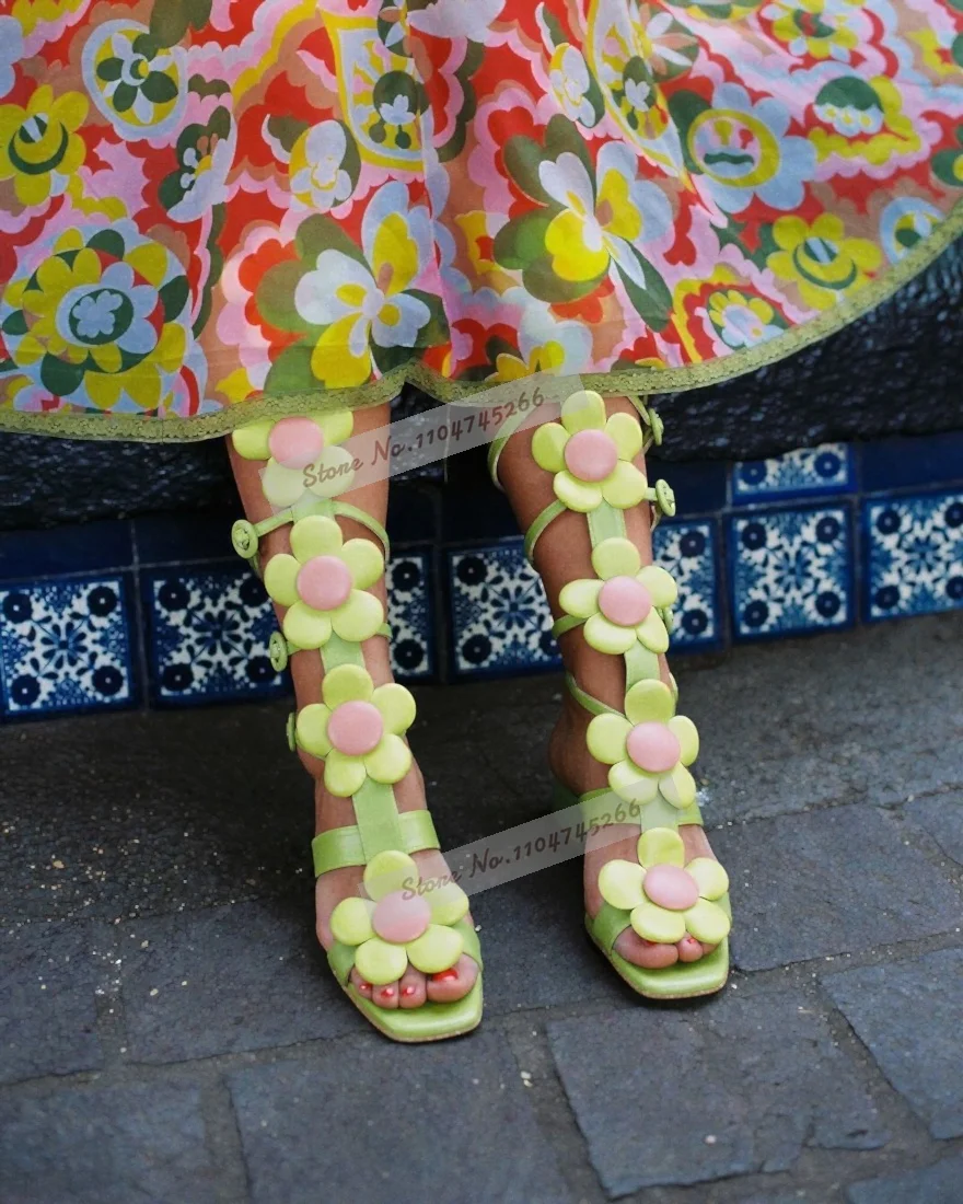 Green Pink Gladiator Knee High Sandals 3D Colorful Flowers Decor Cool Boots Square Toe Block Heel Multi Strap Buckle Party Shoes