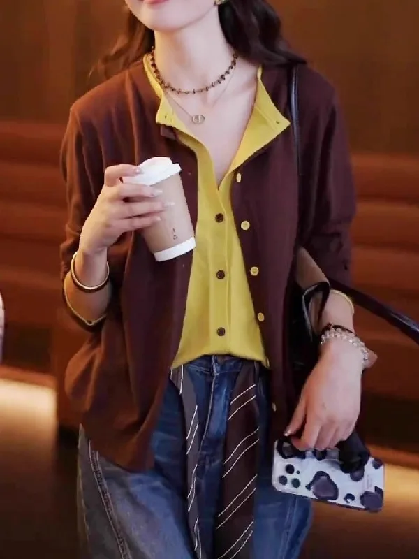 

Slimming Design Knitted Long Sve Cardigan Women's Base irt Spring Large Size Fake Two-Piece Color Blo Spring Faion