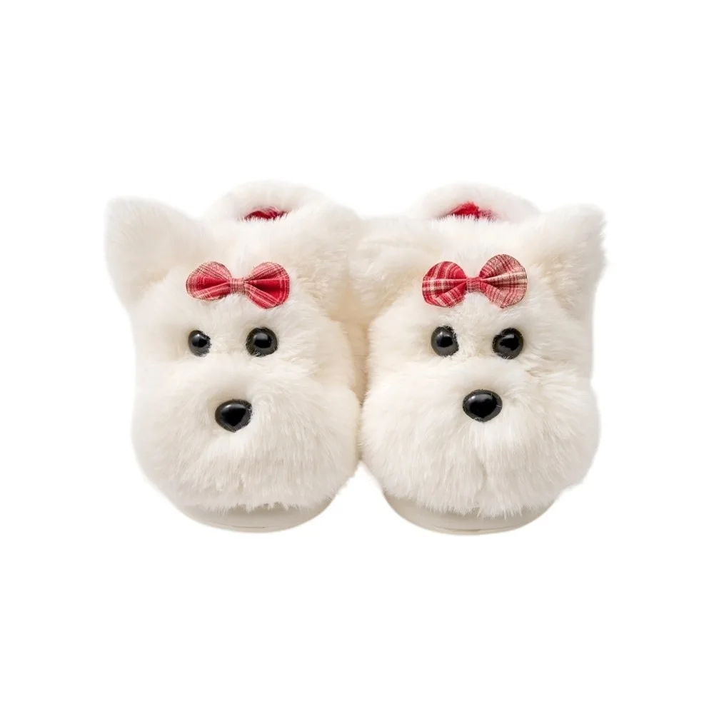 Non-Slip Soft Plush Bow Dog Slides Cute Animal Puppy Slippers Warm Lovely Winter Slippers Girls