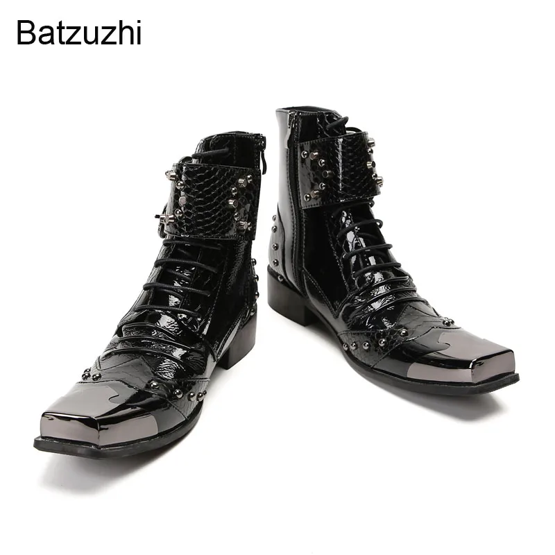 Batzuzhi Handmade High Quality Boots Men Silver Metal Head Lace-up Zipper Cool Black Leather Men's Boots, Big Size US6-US12