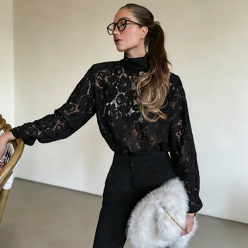 

Linad Elegant Black Embroidery Turtleneck Blouse Women 2026 Spring Sexy Sheer Shirts Female Street Chic Hollow Out Slim Tops