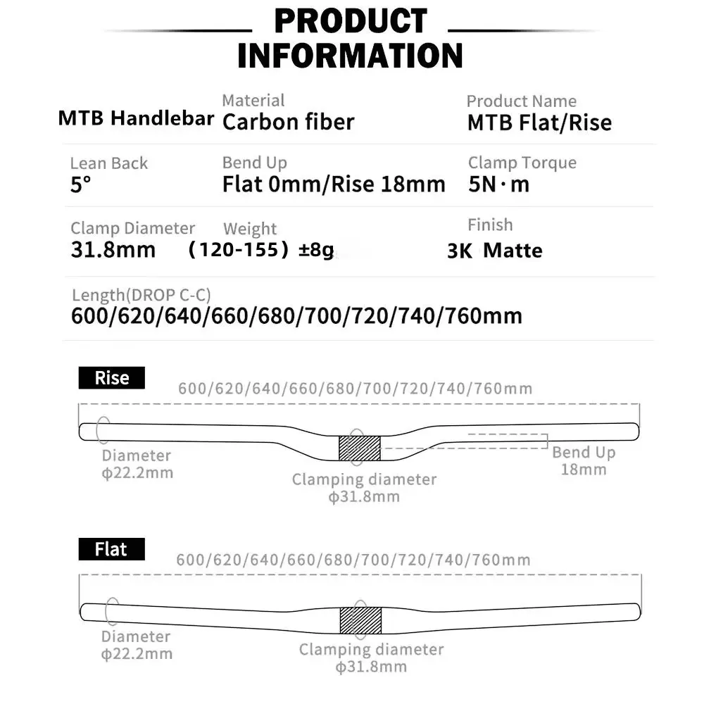 no logo matt carbon handlebar MTB bicycle flat rise  handlebar  31.8*600-760mm cycling parts