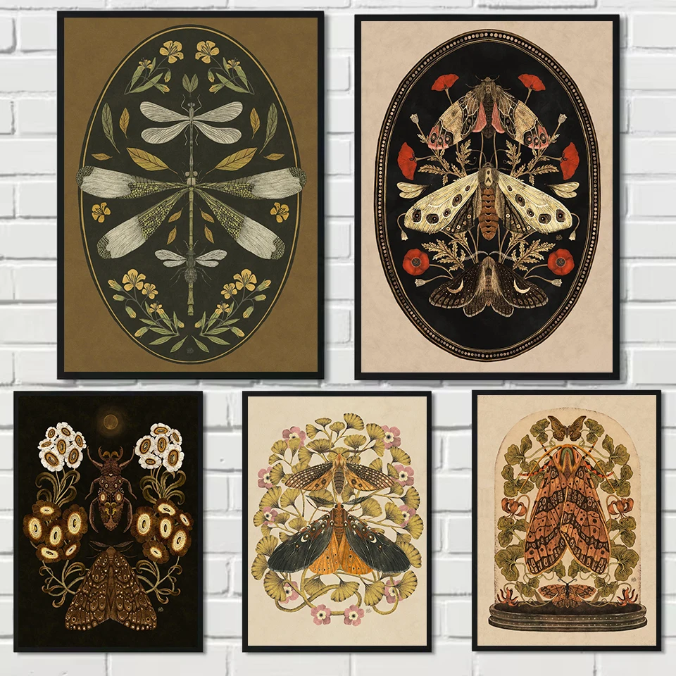 Vintage Antique Botanical Dragonfly Butterflies & Moths Insect Illustration Poster Canvas Painting Wall Art Pictures Home Decor